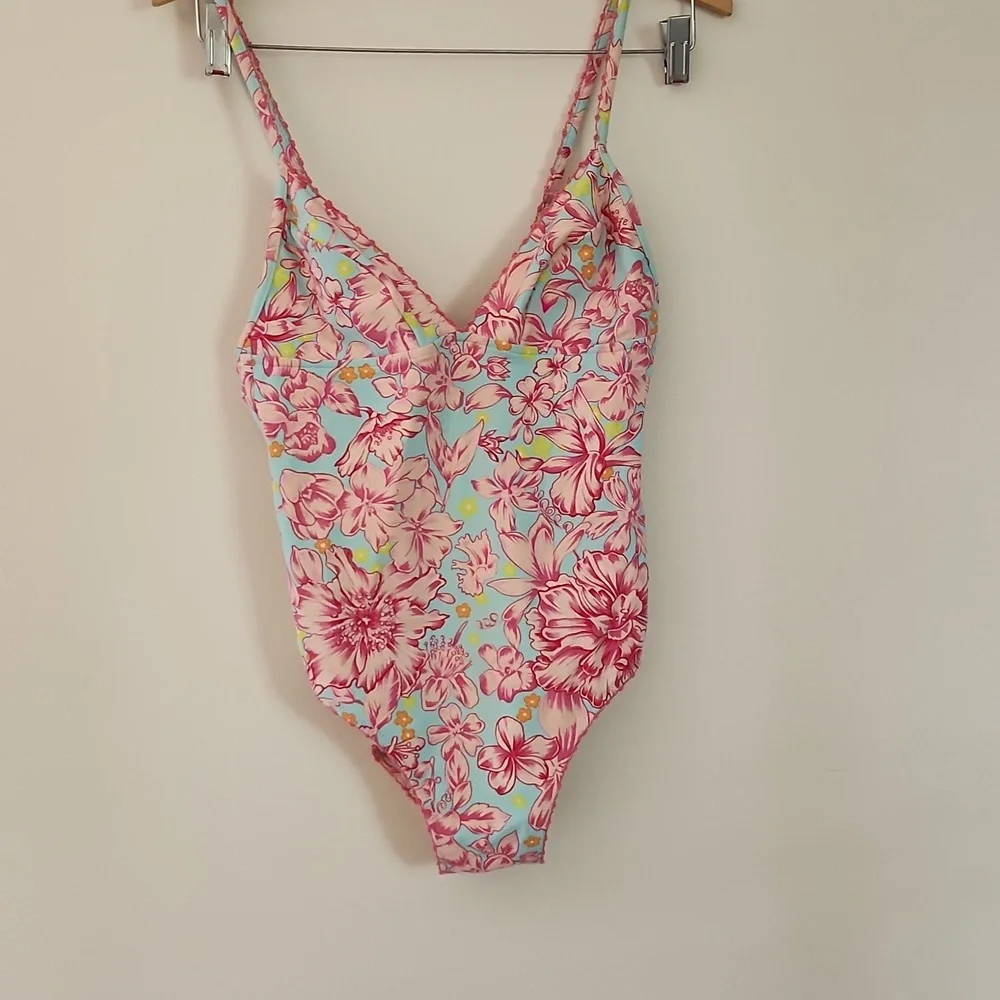 Rosa Ferrer one piece swimsuit pink and turquoise floral bathing suit size 10 - Picture 5 of 9